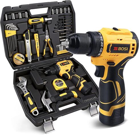 58PCS Home Tool Kit with 16V Cordless Drill, Battery & Charger, 3/8" Keyless Chuck, 24+1 Torque Settings, Variable Speed, Ideal for DIY Home Repair & Furniture Assembly in Kuwait