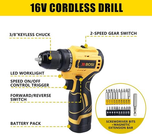 58PCS Home Tool Kit with 16V Cordless Drill, Battery & Charger, 3/8" Keyless Chuck, 24+1 Torque Settings, Variable Speed, Ideal for DIY Home Repair & Furniture Assembly in Kuwait