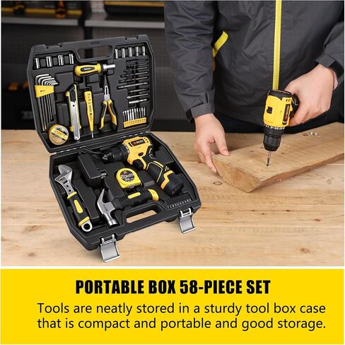 58PCS Home Tool Kit with 16V Cordless Drill, Battery & Charger, 3/8" Keyless Chuck, 24+1 Torque Settings, Variable Speed, Ideal for DIY Home Repair & Furniture Assembly in Kuwait