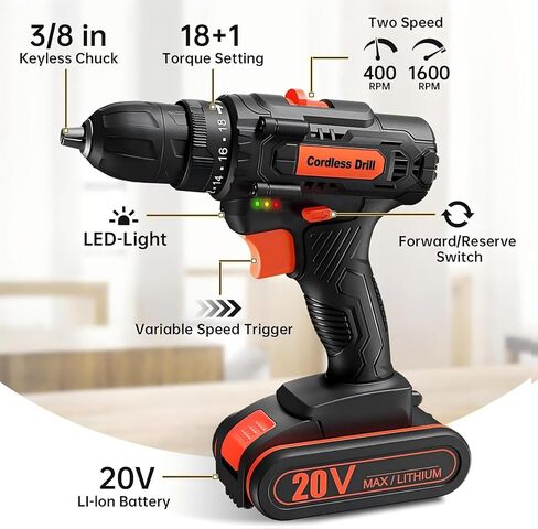 20V Cordless Drill Driver Set, Electric Power Screwdriver Drill with 2.0Ah Battery, 3/8" Keyless Chuck, 18+1 Torque Settings, 2 Speed, LED Light, 42PCS Accessory Kit in Kuwait