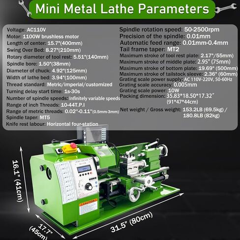 Precision Metal Lathe Benchtop Mini Lathe Machine with Electronic Gear Change & Digital Readout 8.27" x 15.75" 50-2500RPM 0.005mm Accuracy for Hobby DIY & Small Workshop 1100W 110V in Kuwait