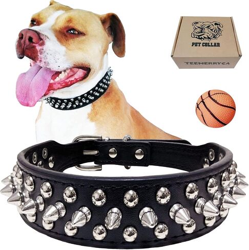 TEEMERRYCA Adjustable Microfiber Leather Spiked Studded Dog Collars with a Squeak Ball Gift for Small Medium Large Pets Like Cats/Pit Bull/Bulldog/Pugs/Husky, Black, XS 8.3-10.6 inches in Saudi Arabia