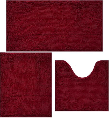 Bathroom Rugs Chenille Bath mat 3 Piece Set, Super Absorbent, Strong PVC Non Slip Backing, Bath mats for Bathroom, Plush Shaggy, Thick, Machine Washable, Bathtub, Shower, Toilet, Red in Saudi Arabia