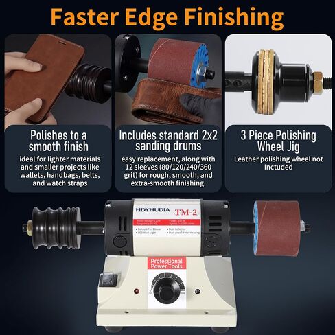 Leather Burnishing Machine, 0-10000RPM Variable Speed Leather Edge Burnisher, Leather Burnishing Tool with Sanding Drum and Rosewood Grinding Head, 12 PCS Sanding Sleeves (80/120/240/320 Grit) in Kuwait