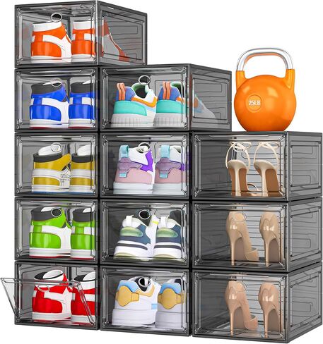 Sturdy Clear Shoe Organizer with Magnetic Door, Stackable Shoe Storage Box | Thick Plastic Shoe Storage for Sneakers & Boots, Collapsible Closet Shoe Rack and Clear Shoe Box, 6 Pack White in Kuwait
