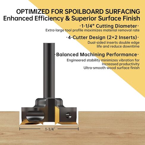 Slab Flattening Router Bit 1/4" Shank,1-3/8" Cutting Diameter,1/2" to 1/4" Router Collet, Insert Carbide CNC Spoilboard Surfacing Planing Woodworking & MDF Surfacing in Kuwait