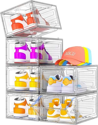 Sturdy Clear Shoe Organizer with Magnetic Door, Stackable Shoe Storage Box | Thick Plastic Shoe Storage for Sneakers & Boots, Collapsible Closet Shoe Rack and Clear Shoe Box, 6 Pack White in Kuwait