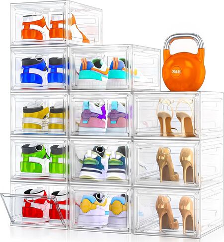Sturdy Clear Shoe Organizer with Magnetic Door, Stackable Shoe Storage Box | Thick Plastic Shoe Storage for Sneakers & Boots, Collapsible Closet Shoe Rack and Clear Shoe Box, 6 Pack White in Kuwait