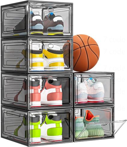 Sturdy Clear Shoe Organizer with Magnetic Door, Stackable Shoe Storage Box | Thick Plastic Shoe Storage for Sneakers & Boots, Collapsible Closet Shoe Rack and Clear Shoe Box, 6 Pack White in Kuwait