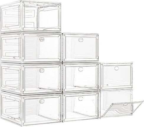 Sturdy Clear Shoe Organizer with Magnetic Door, Stackable Shoe Storage Box | Thick Plastic Shoe Storage for Sneakers & Boots, Collapsible Closet Shoe Rack and Clear Shoe Box, 6 Pack White in Kuwait