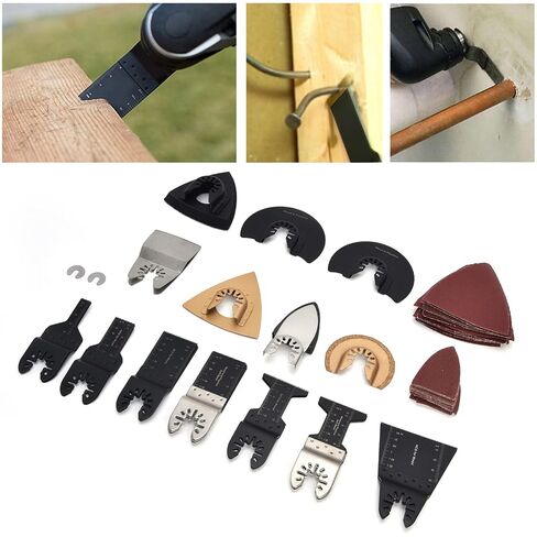 Fafeicy Oscillating Tool Blades Kit 18pcs High Carbon Steel Straight Saw Blades with 64mm Semicircular 78mm Triangular 80mm Sandpaper for Wood Plastic Cutting in Kuwait