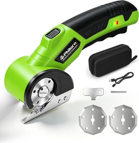 Philorn Electric Scissors, Cardboard Cutter, With LED Light & Safety Lock & 2 Replacement Blade for Fabric, Carpets, Plastic, Sheet-Aluminum, Cardboard with Type-C (Green) in Kuwait