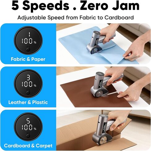 5-Speed Cordless Electric Scissors, Box Cutter for Cardboard with 2 Blades | 80-280RPM Variable Speed Rechargeable Cutter Fabric, Carpet, Leather, LED Display& Light, Type-C 3000mAh, with Storage Pouch in Kuwait