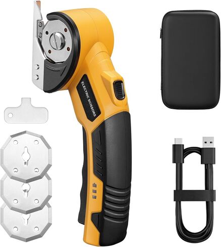 Cordless Electric Scissors,Cardboard Cutter with 2.0Ah Battery,Rotary Cutter For Fabric with 3 Blades,Storage Box,USB Charging Cable,Cutting Cardboard Fabric Leather Plastic Carpet (Yellow) in Kuwait