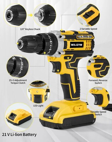 21V Brushless Cordless Drill Driver Set,1500RPM Power Drill with 2 Batteries,25+3 Torque Settings,3/8" Keyless Chuck,LED Light,Professional Home & DIY Tool Kit with Case in Kuwait