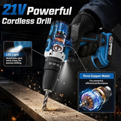 21V Cordless Drill with 2 Batteries 50Nm High Torque Power Drill Driver 25+3 Clutch Settings, 30-Piece Accessory Kit 2 Speed Built-in LED Light Compact Green Drill for Home DIY in Kuwait