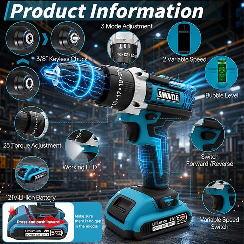21V Cordless Drill with 2 Batteries 50Nm High Torque Power Drill Driver 25+3 Clutch Settings, 30-Piece Accessory Kit 2 Speed Built-in LED Light Compact Green Drill for Home DIY in Kuwait