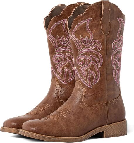 Cowboy Boots for Women Brown Cowgirl Boots Square Toe Mid Calf Western Boots Pull On Fashion Boot with Chunky Heel in Kuwait