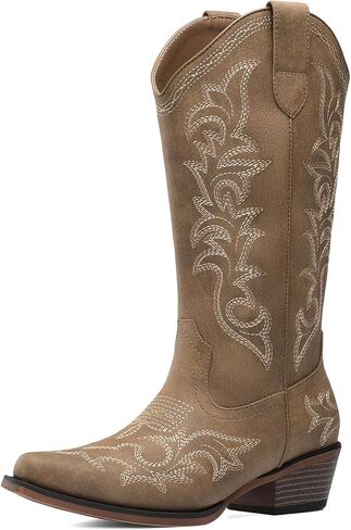 DREAM PAIRS Women's Cowboy Cowgirl Western Boots | Square Toe Mid Calf Boots Chunky Heels Shoes Fashion Dress for Country Concert Theme Party in Kuwait