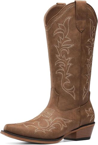 DREAM PAIRS Women's Cowboy Cowgirl Western Boots | Square Toe Mid Calf Boots Chunky Heels Shoes Fashion Dress for Country Concert Theme Party in Kuwait