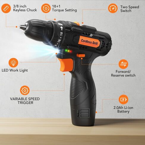 12V Electric Cordless Drill Driver, Power Drill Set With 2.0Ah Battery and Charger, 2 Variable Speeds, 18+1 Torque Settings, 3/8'' Keyless Chuck, LED Light, 42 Accessories in Kuwait