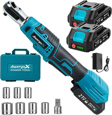 AwxryoX 3/8" Cordless Ratchet Wrench,89 FT-LBS (120N.m) Brushless Electric Ratchet Tool Kit with 2 x 2.0Ah,0-320RPM 21V Matraca Electrica with 7 Sockets,1/2" Adapter for Auto Repair Household DIY in Kuwait