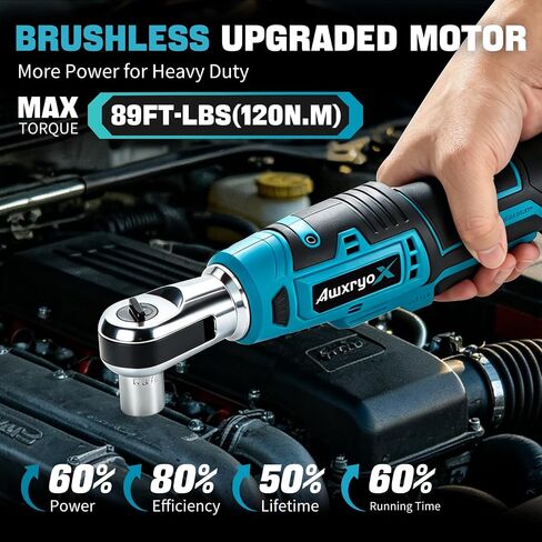 AwxryoX 3/8" Cordless Ratchet Wrench,89 FT-LBS (120N.m) Brushless Electric Ratchet Tool Kit with 2 x 2.0Ah,0-320RPM 21V Matraca Electrica with 7 Sockets,1/2" Adapter for Auto Repair Household DIY in Kuwait