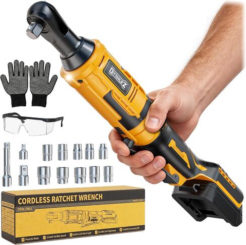 DIYtoolifz 3/8" Cordless Ratchet Wrench 95 ft-lbs with 13 pcs Socket set | Compatible with Dewalt 20V Battery, Variable Speed Electric Ratchet, 1/2" & 1/4" Adapters, and 3" Extension Bar, Tool Only in Kuwait