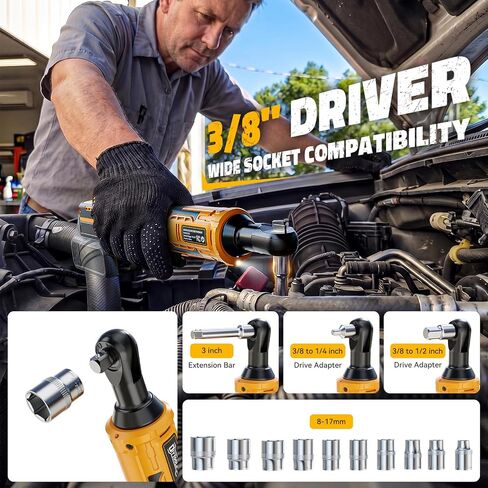DIYtoolifz 3/8" Cordless Ratchet Wrench 95 ft-lbs with 13 pcs Socket set | Compatible with Dewalt 20V Battery, Variable Speed Electric Ratchet, 1/2" & 1/4" Adapters, and 3" Extension Bar, Tool Only in Kuwait