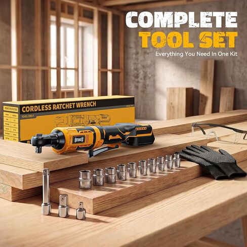 DIYtoolifz 3/8" Cordless Ratchet Wrench 95 ft-lbs with 13 pcs Socket set | Compatible with Dewalt 20V Battery, Variable Speed Electric Ratchet, 1/2" & 1/4" Adapters, and 3" Extension Bar, Tool Only in Kuwait