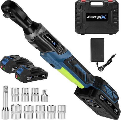 AwxryoX 3/8" Cordless Ratchet Wrench, 120N.m (89 FT-LBS) 21V Brushless Power Ratchet Driver, Electric Ratchet Tool, 2×2.0Ah Batteries, 300RPM Variable Speed, 8 Sockets, 1/4" Adapter & 3" Extension Bar in Kuwait