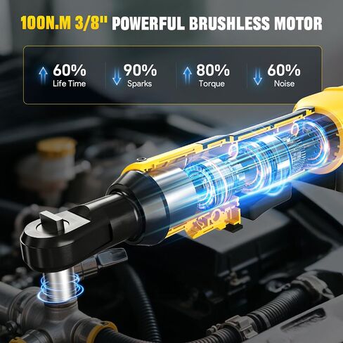 3/8" Cordless Ratchet Wrench Compatible with DEWALT 20V MAX Battery, 74Ft-Lbs (100N.m) Electric Ratchet with Brushless Motor, Variable Speed, 7 Sockets, 1/4" Adapters (Battery Not Included) in Kuwait