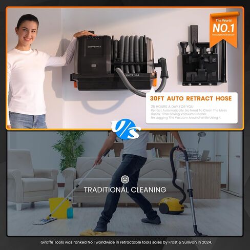 Giraffe Tools Grandstorm Retractable Vacuum Cleaner, Wall Mounted with 30FT Hose, Wet Dry Vacuum Cleaner with 6 Nozzles for Car Detailing Normal Version, Grey (No Remote Control Function) in Kuwait