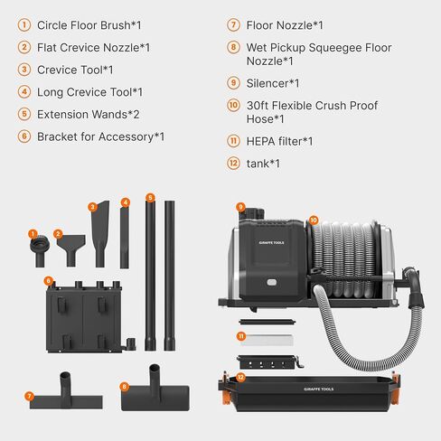 Giraffe Tools Grandstorm Retractable Vacuum Cleaner, Wall Mounted with 30FT Hose, Wet Dry Vacuum Cleaner with 6 Nozzles for Car Detailing Normal Version, Grey (No Remote Control Function) in Kuwait