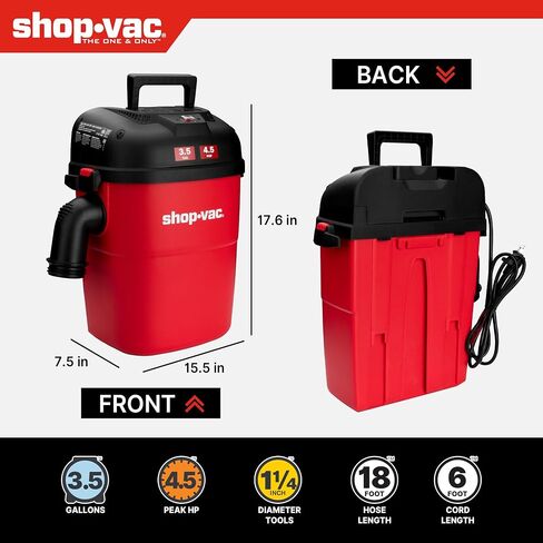 Shop-Vac 3.5 Gallon Wall-Mounted Shop Vacuum Wet and Dry with 18 Ft Long Hose, 4.5 Peak HP Portable Wet Dry Vacuum with Multi-Attachments, 6 Ft Cord, Storage Bag, Ideal for Garage, Car & Workshop in Kuwait
