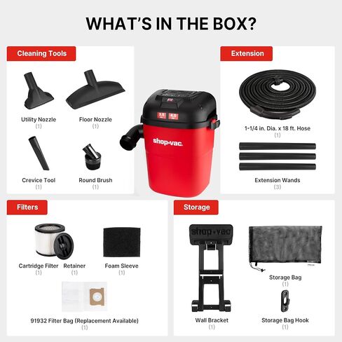 Shop-Vac 3.5 Gallon Wall-Mounted Shop Vacuum Wet and Dry with 18 Ft Long Hose, 4.5 Peak HP Portable Wet Dry Vacuum with Multi-Attachments, 6 Ft Cord, Storage Bag, Ideal for Garage, Car & Workshop in Kuwait