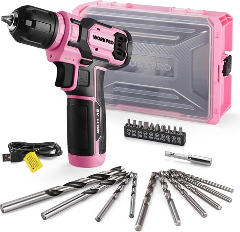 WORKPRO Pink Cordless Drill Set, 8V Impact Drill Driver with 53pcs Bit Set, 2.0Ah Electric Power Drill Kit with 3/8" Keyless Chuck and Variable Speed Trigger, Portable for DIY- Pink Ribbon in Kuwait