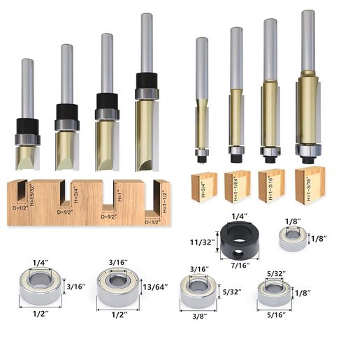 CATITO Trim Router Bits Set - 8 PCS, 4 Flush Trim Router Bits, 4 Pattern Flush Trim Router Bits, 6 Bearings, 2 Wrenches, Router Drill Bit Set Ideal for Cutting on Wooden Materials in Kuwait