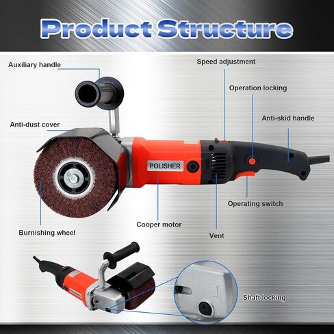 HIGHTOP 1400W Handheld Burnishing Polisher Machine, 110V Electric Sander Polisher with 4 Non-woven Burnishing Wheels (60# 120# 240# 320#) for Wood Stainless Steel Polishing in Kuwait