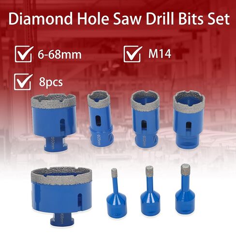 findmall 8pcs Diamond Hole Saw Drill Bits Set, 6-68mm M14 Threaded Core Drill Bits for Tile, Ceramic, Porcelain, Marble, Granite, Stone - Triangle Shank with Storage Case (Blue) in Kuwait