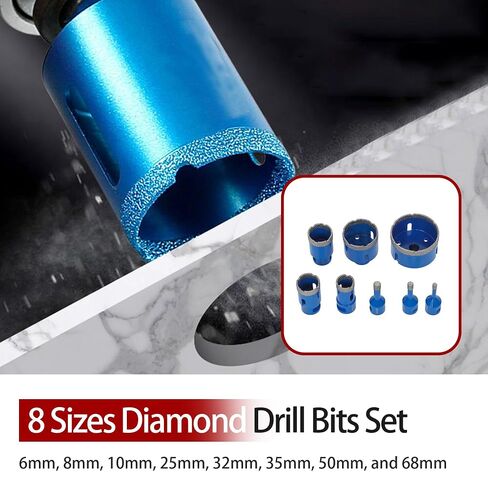 findmall 8pcs Diamond Hole Saw Drill Bits Set, 6-68mm M14 Threaded Core Drill Bits for Tile, Ceramic, Porcelain, Marble, Granite, Stone - Triangle Shank with Storage Case (Blue) in Kuwait