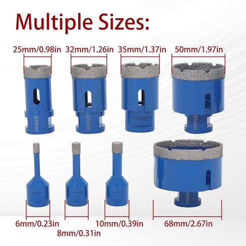 findmall 8pcs Diamond Hole Saw Drill Bits Set, 6-68mm M14 Threaded Core Drill Bits for Tile, Ceramic, Porcelain, Marble, Granite, Stone - Triangle Shank with Storage Case (Blue) in Kuwait