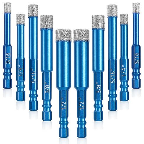 Hacaroa 10 Pcs Dry Diamond Drill Bit Set, 3/16'', 1/4'', 5/16'' 3/8'', 1/2'' Tile Drill Bits for Ceramic, Porcelain, Glass, Marble, Granite, Stone, 1/4 Inch Hex Shank, 5 Sizes, Blue in Kuwait
