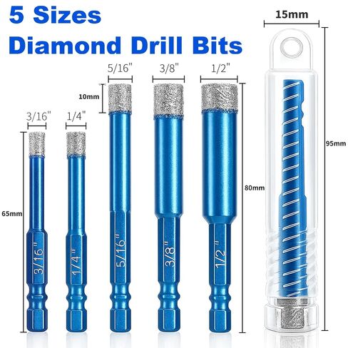 Hacaroa 10 Pcs Dry Diamond Drill Bit Set, 3/16'', 1/4'', 5/16'' 3/8'', 1/2'' Tile Drill Bits for Ceramic, Porcelain, Glass, Marble, Granite, Stone, 1/4 Inch Hex Shank, 5 Sizes, Blue in Kuwait