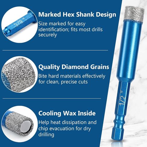 Hacaroa 10 Pcs Dry Diamond Drill Bit Set, 3/16'', 1/4'', 5/16'' 3/8'', 1/2'' Tile Drill Bits for Ceramic, Porcelain, Glass, Marble, Granite, Stone, 1/4 Inch Hex Shank, 5 Sizes, Blue in Kuwait