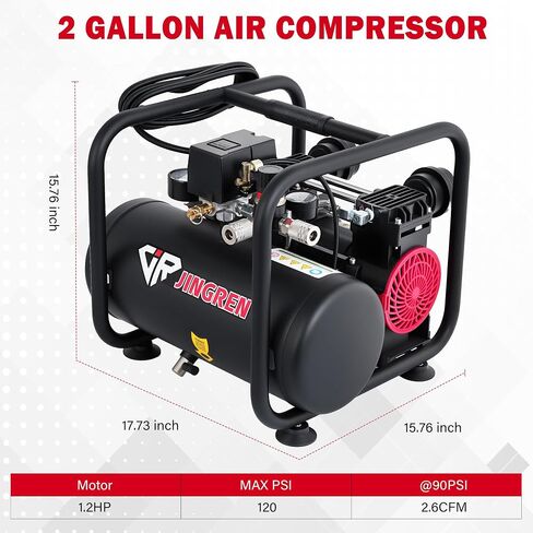 2 Gallon Quiet Oil Free Air Compressor With Air hose, Only 68dB, 1.2HP | Oilless Quiet Air Compressor, 2.6CFM, Max 120 PSI, 2 Gallon Air Tank for Car Repair, Spray Painting, Nailing With Air Hose in Kuwait