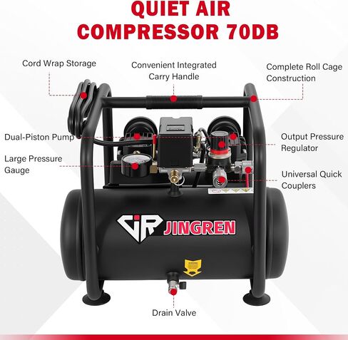 2 Gallon Quiet Oil Free Air Compressor With Air hose, Only 68dB, 1.2HP | Oilless Quiet Air Compressor, 2.6CFM, Max 120 PSI, 2 Gallon Air Tank for Car Repair, Spray Painting, Nailing With Air Hose in Kuwait