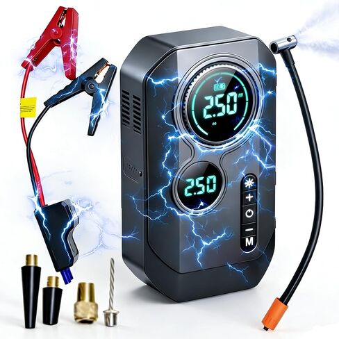 Portable Car Battery Jump Starter with Air Compressor | 9000A Jumper Pack, 200PSI Tire Inflator, 4-in-1 Car Emergency Tool, Power Bank, Gift for Car Owners in Kuwait