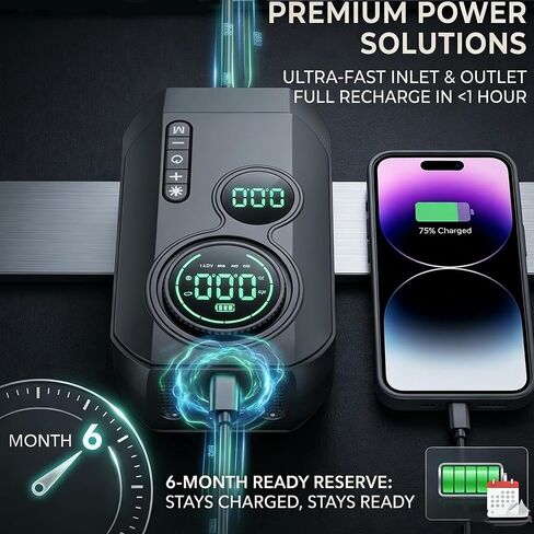 Portable Car Battery Jump Starter with Air Compressor | 9000A Jumper Pack, 200PSI Tire Inflator, 4-in-1 Car Emergency Tool, Power Bank, Gift for Car Owners in Kuwait