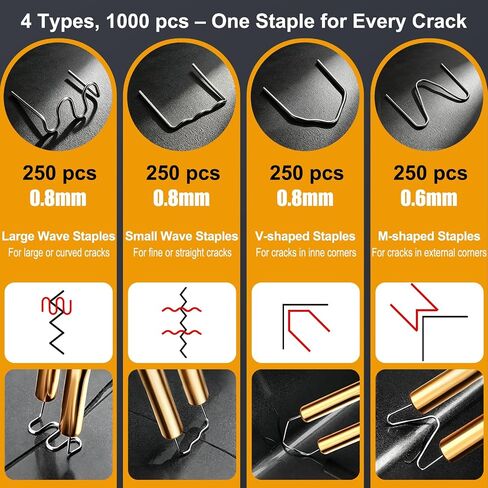 1000 pcs Plastic Welder Staples, 4 Types 0.8mm Wave/Flat/V & 0.6mm M Hot Staples Kit for Car Bumper Repair, Crack Fix, Auto Body Dashboard, Hot Stapler Plastic Welding Staples - SCTOEAI in Kuwait
